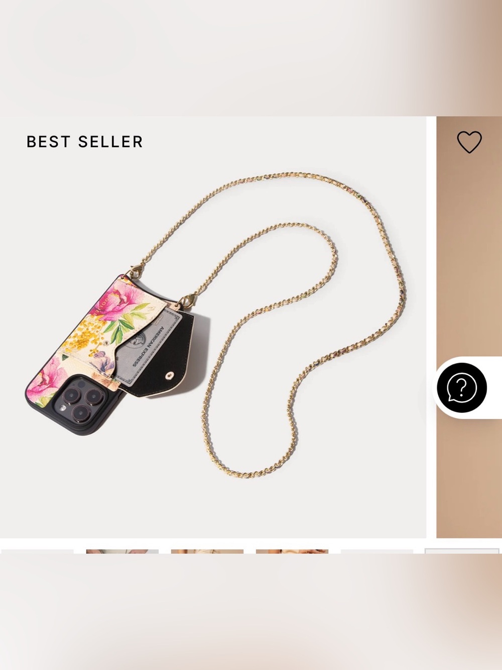 Bandolier Wallet iPhone 16 pro Case with Gold Chain Strap - Cream Floral - Picture 4 of 4